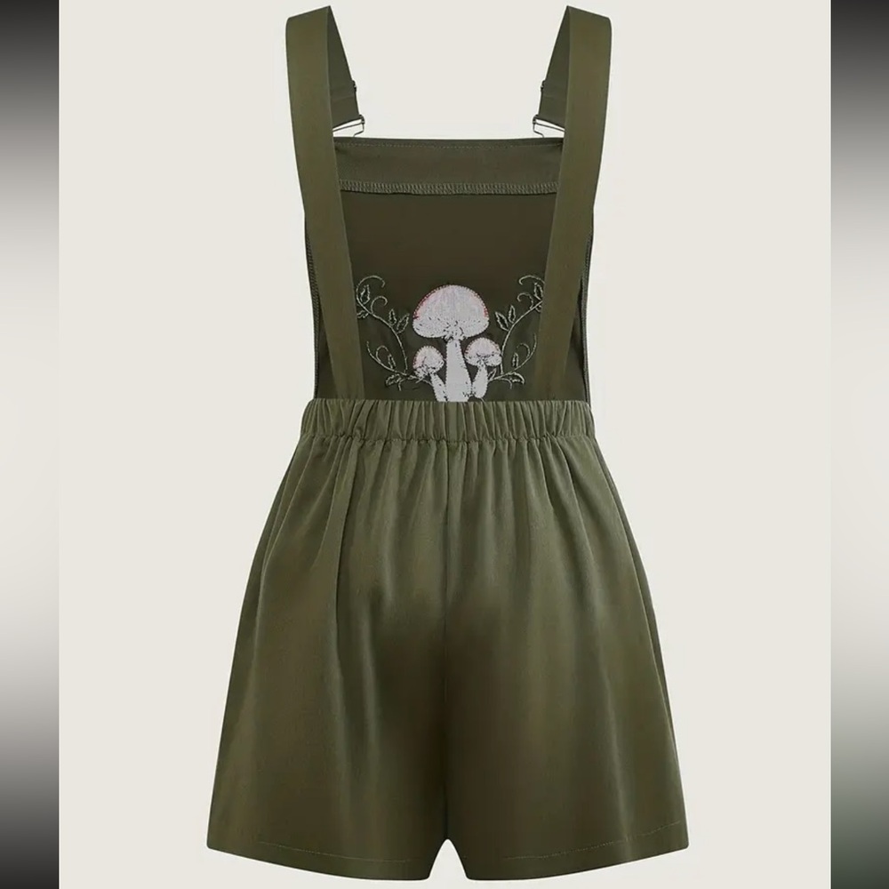 Green Mushroom Embroidered Romper Overalls New Boutique - Picture 4 of 5